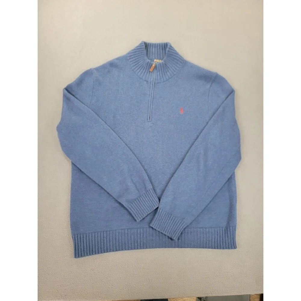 Polo Ralph Lauren Sweater Mens Large Blue‎ Quarter Zip Mock Neck Pony Logo Knit
